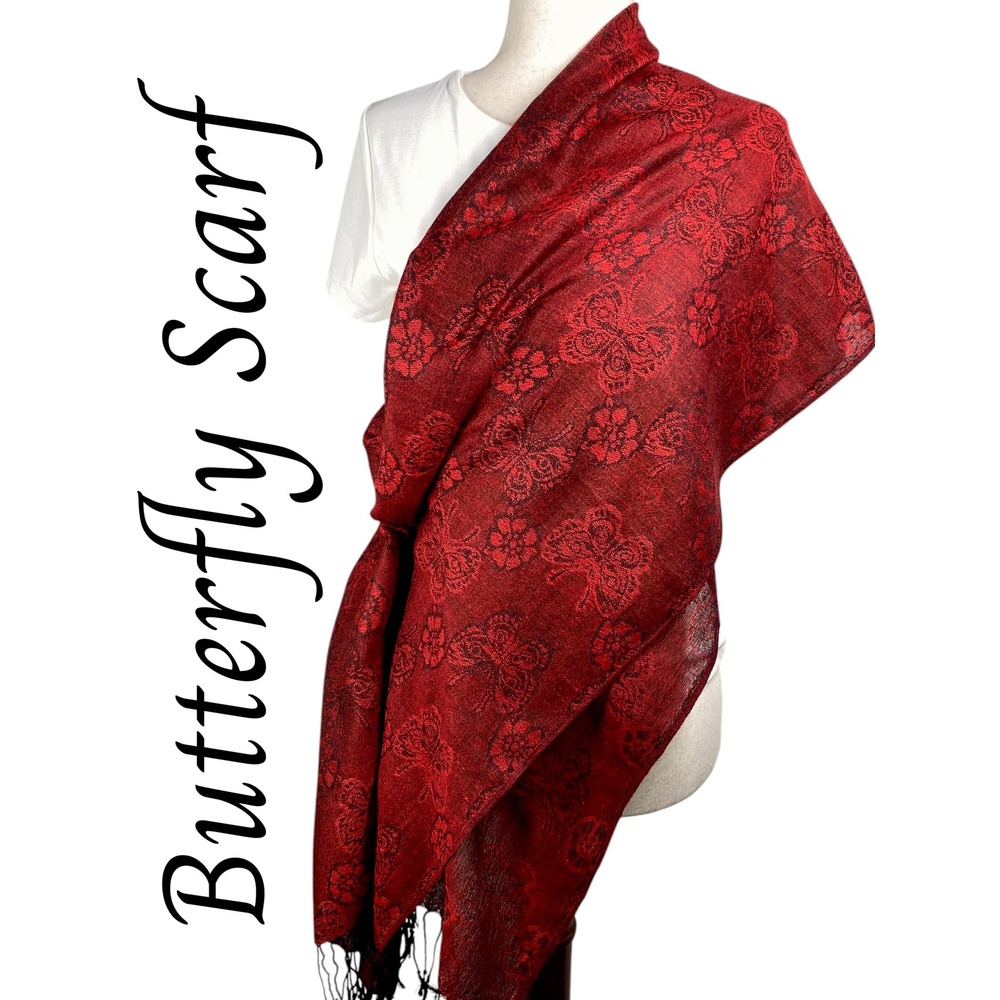 Red & Black Butterfly Floral Jacquard Fringe‎ Shawl Scarf Wrap, 27"x68"